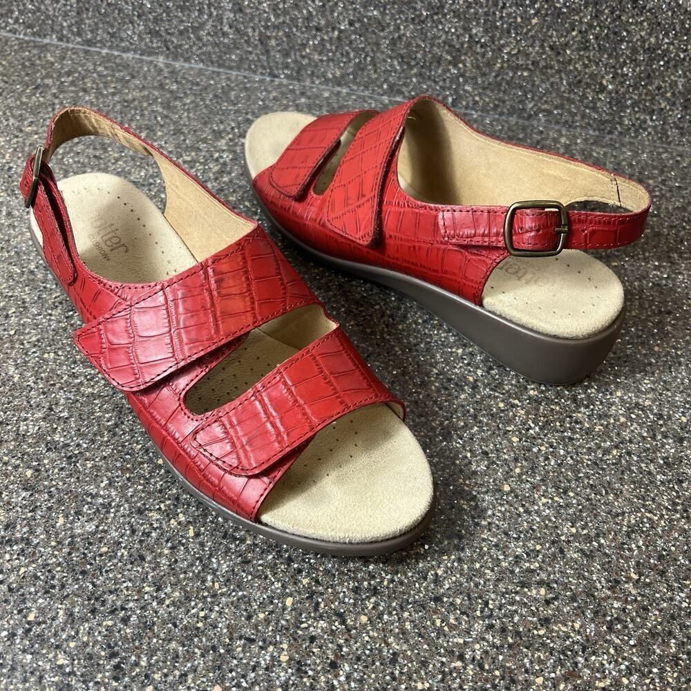 Hotter Sandals Womens Sz UK 7 US 9 Open Toe Sling Back Red Leather Wedge Slip On